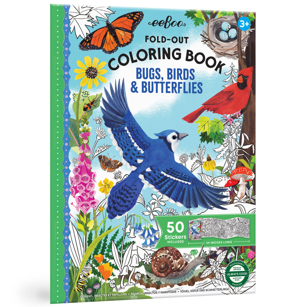 eeBoo Bugs, Birds & Butterflies Fold-Out Coloring Book with 50 Stickers, 39" Space