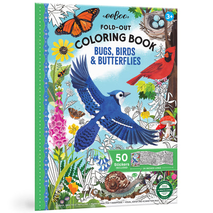 eeBoo Bugs, Birds & Butterflies Fold-Out Coloring Book with 50 Stickers, 39" Space