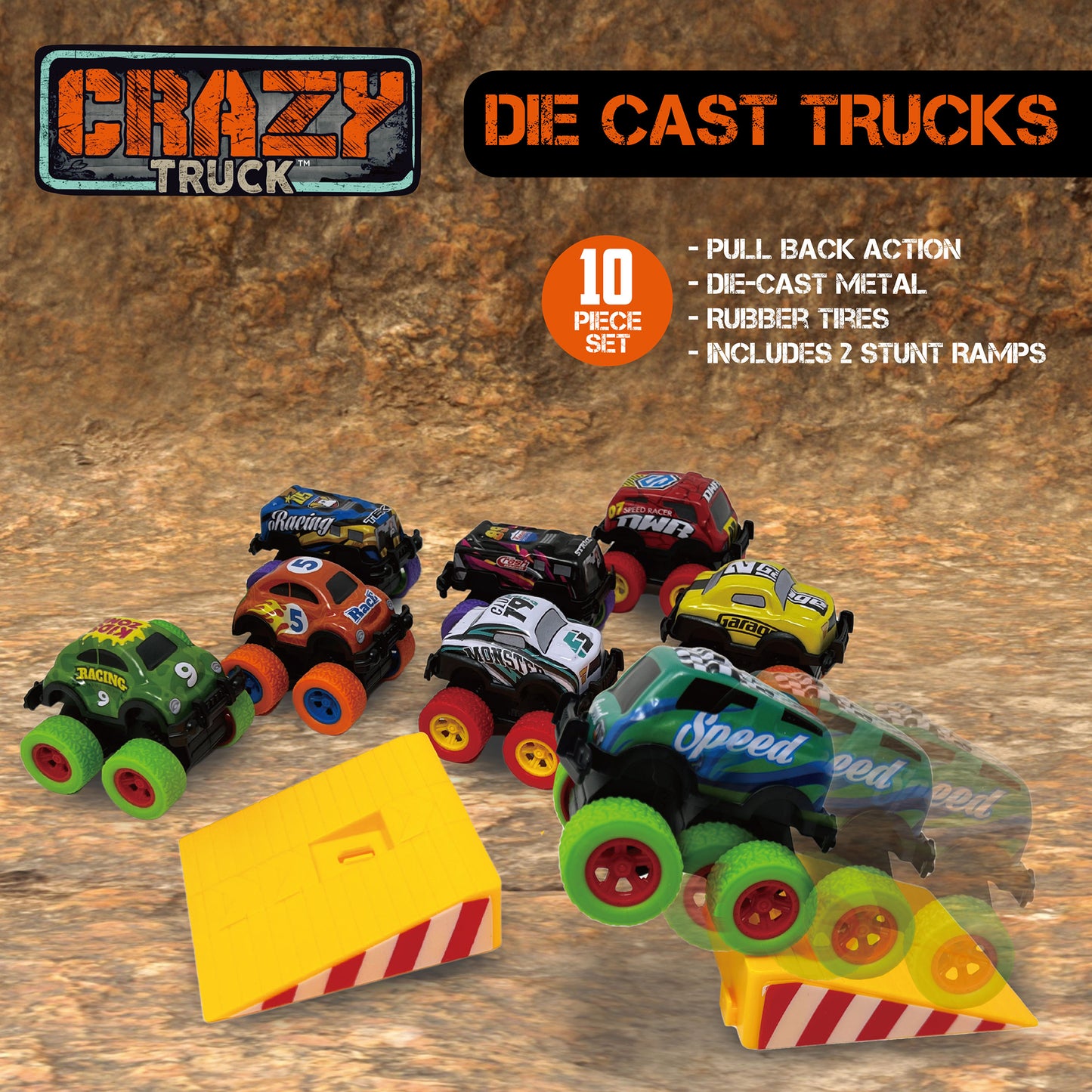 Crazy Truck Die Cast Trucks Set - 10pc Friction Cars & Stunt Ramps for Kids 3+