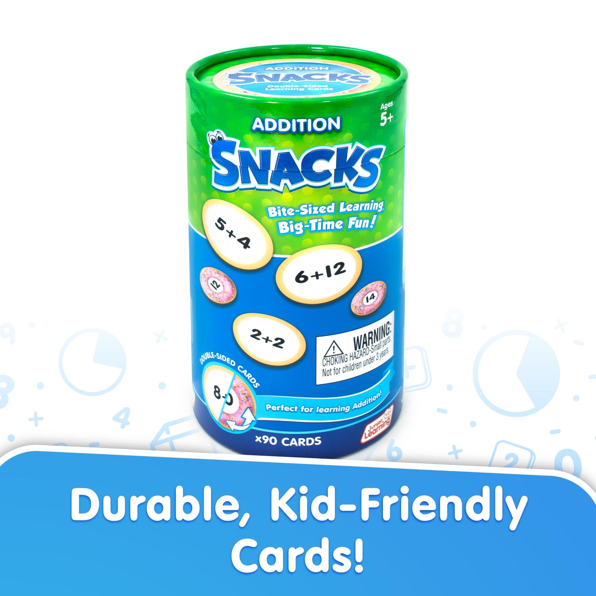 Addition Snacks educational card game in green and blue packaging with 90 cards for ages 5+