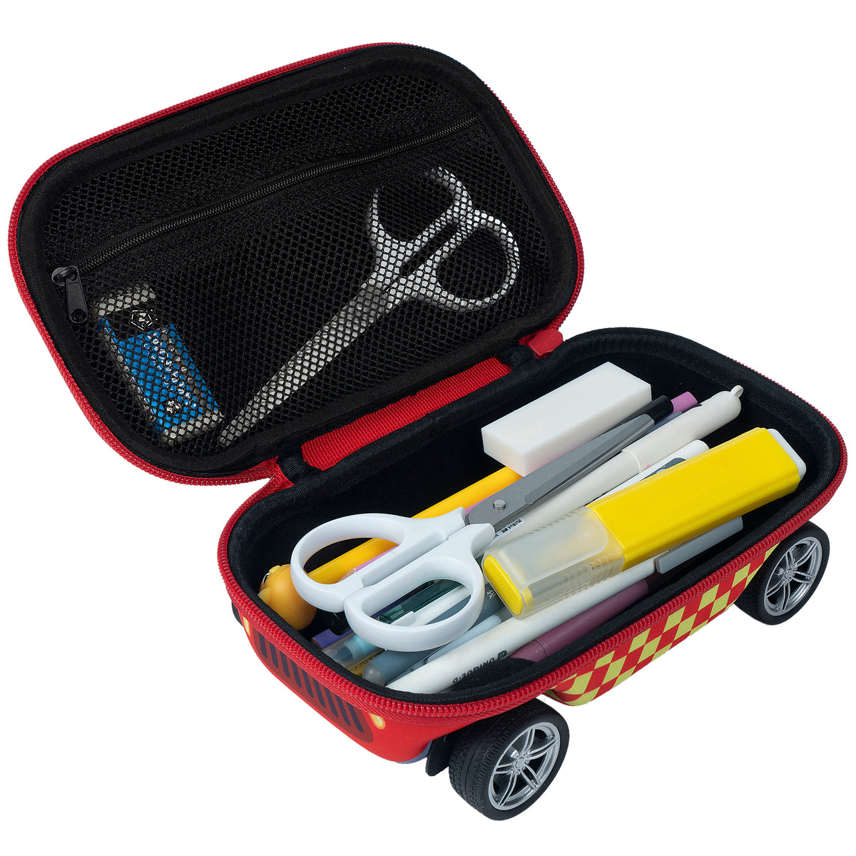 Red fire truck pencil case with spinning wheels, open to show scissors, markers, and supplies inside