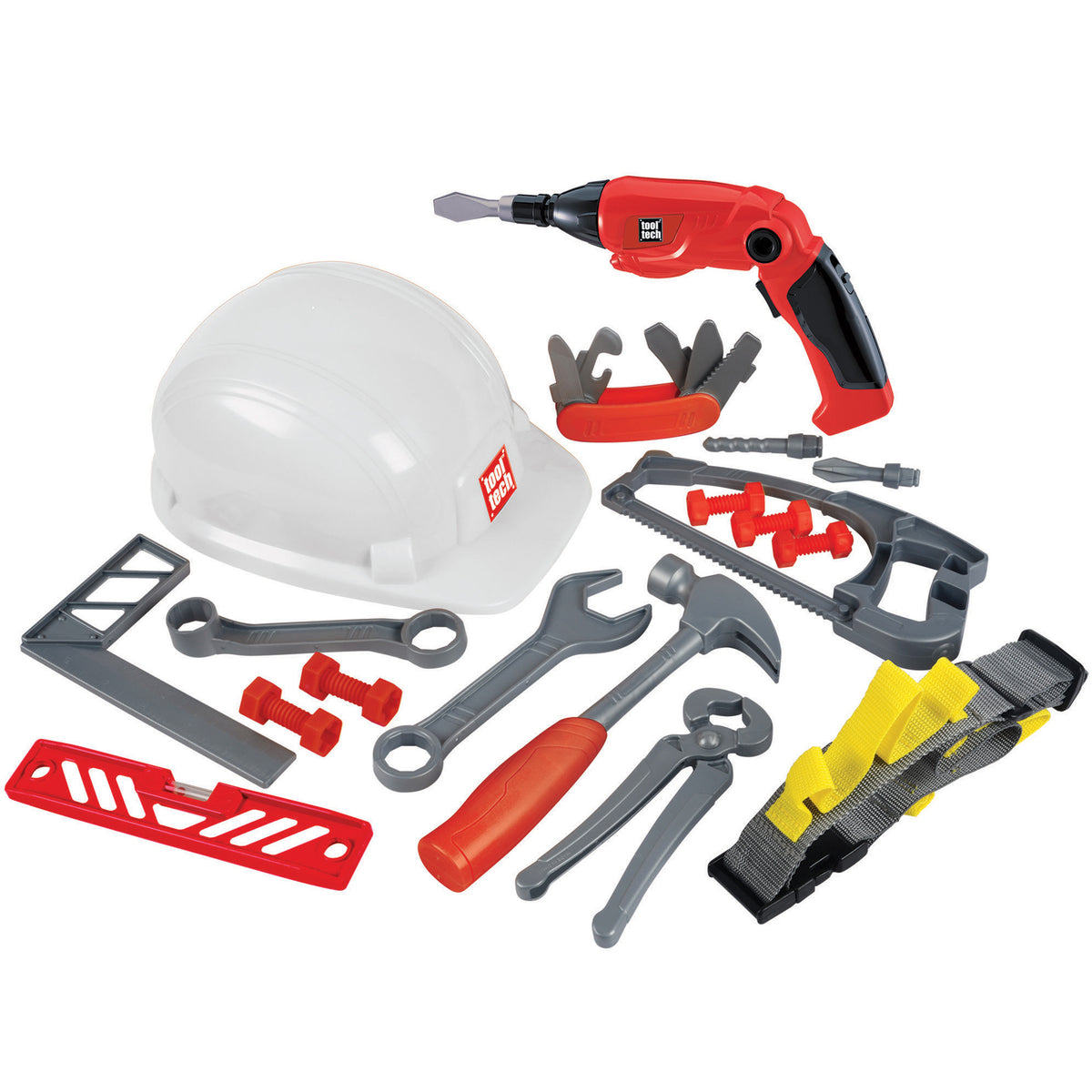 Tool Tech Deluxe Helmet Tool Set with white helmet, red powered screwdriver, wrenches, hammer, hacksaw, tool belt, an...