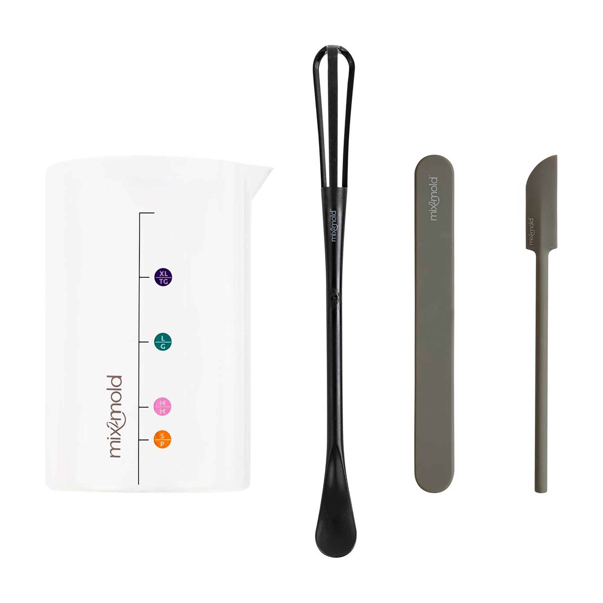 Mix2Mold Ceramic Resin Tool Set with measuring cup, whisk, and sculpting tools in black and gray