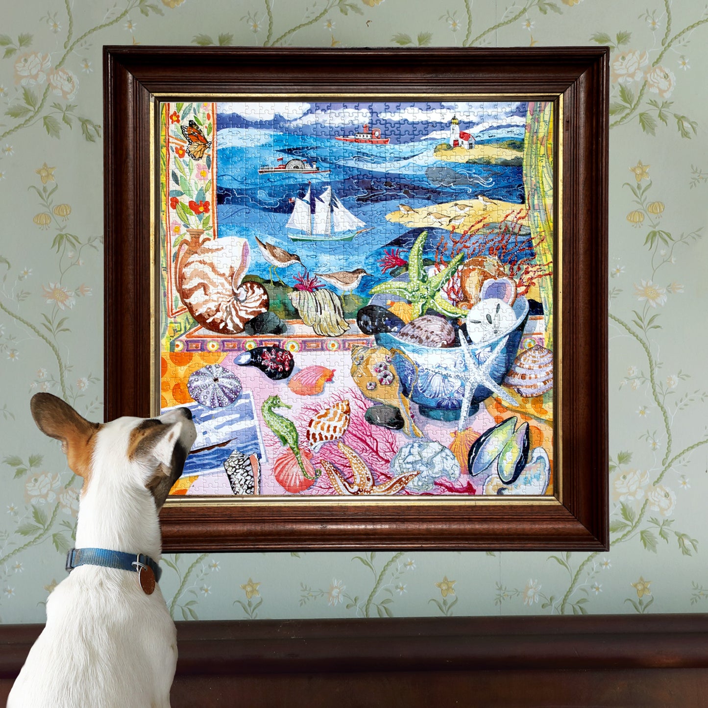 eeBoo Seashells by the Shore 1000-piece puzzle with coastal seascape and colorful sea life illustration