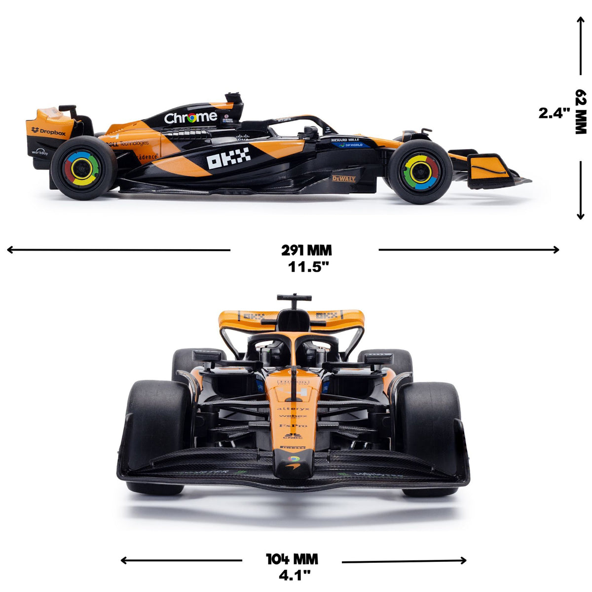 CMJ RC Car 1:20 Scale McLaren F1 orange and black remote control race car with side and front views