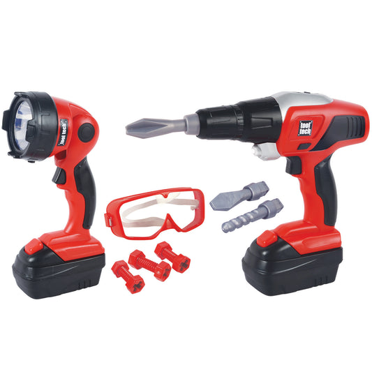 Tool Tech Power Drill & Worklight Set with red drill, work light, goggles, bits, and accessories