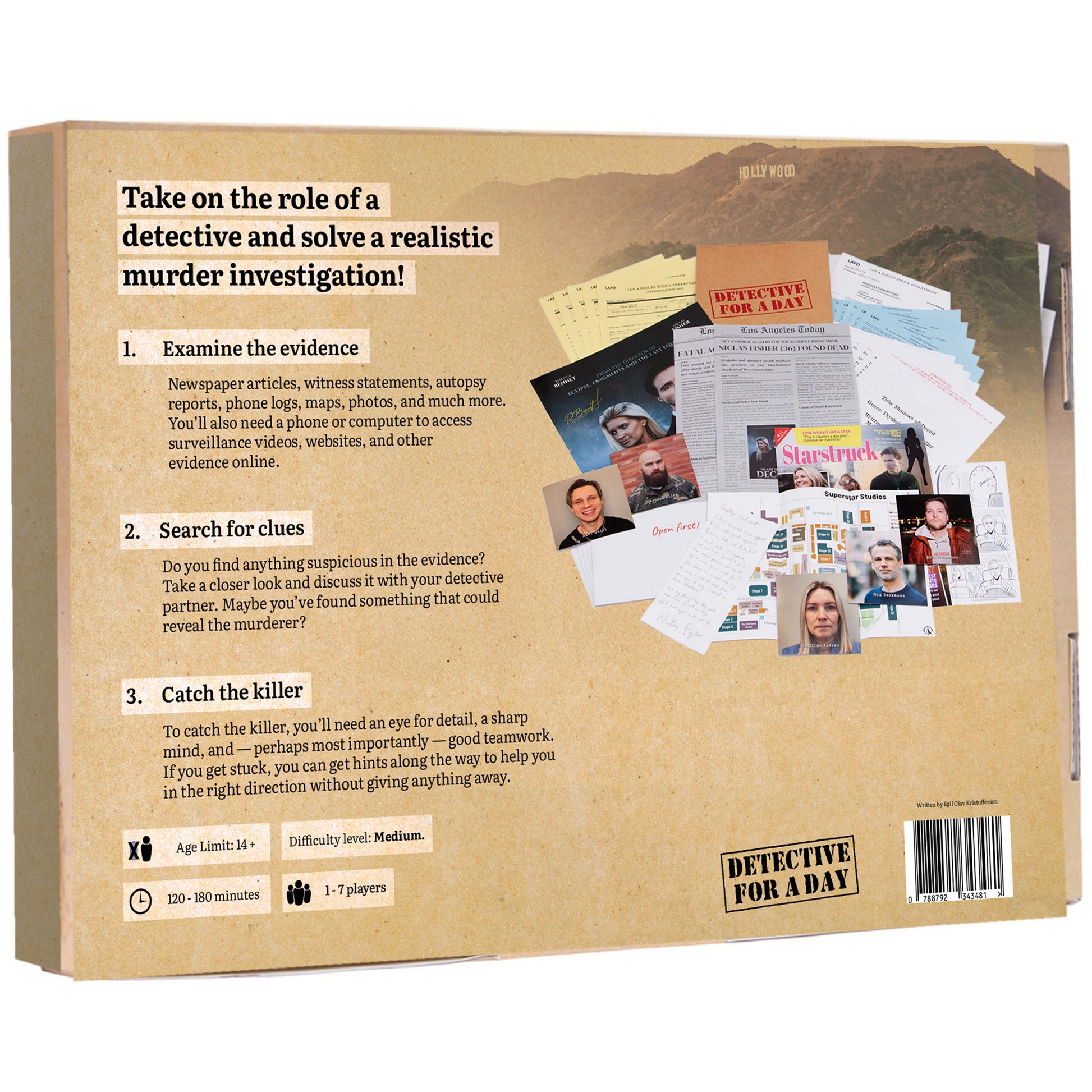 Detective For A Day Hollywood Murder mystery game box with evidence cards and investigation materials