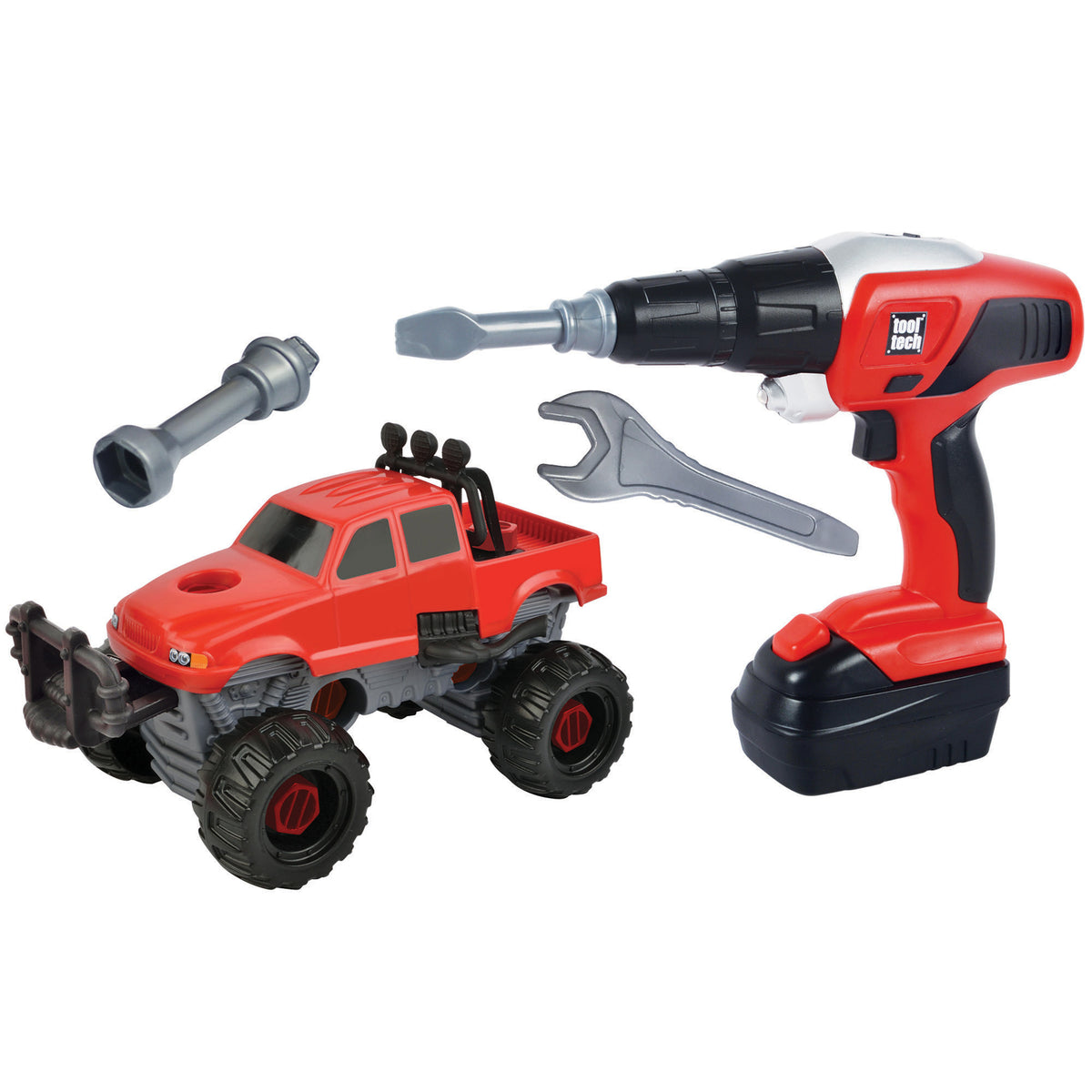 Tool Tech Take Apart Truck & Power Drill set with red truck, red power drill, wrench, and bits