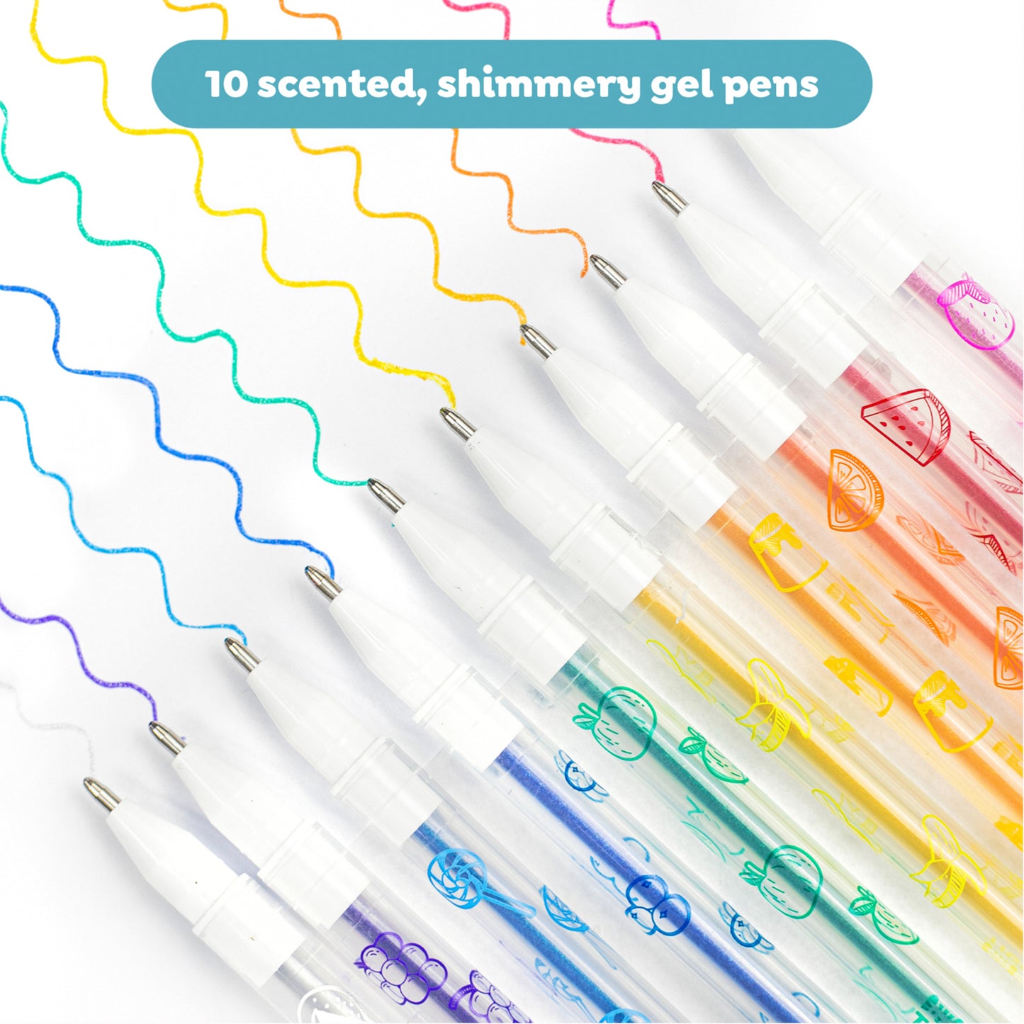 Tiger Tribe 10 scented shimmer gel pens in rainbow colors with fruity dessert scents for kids
