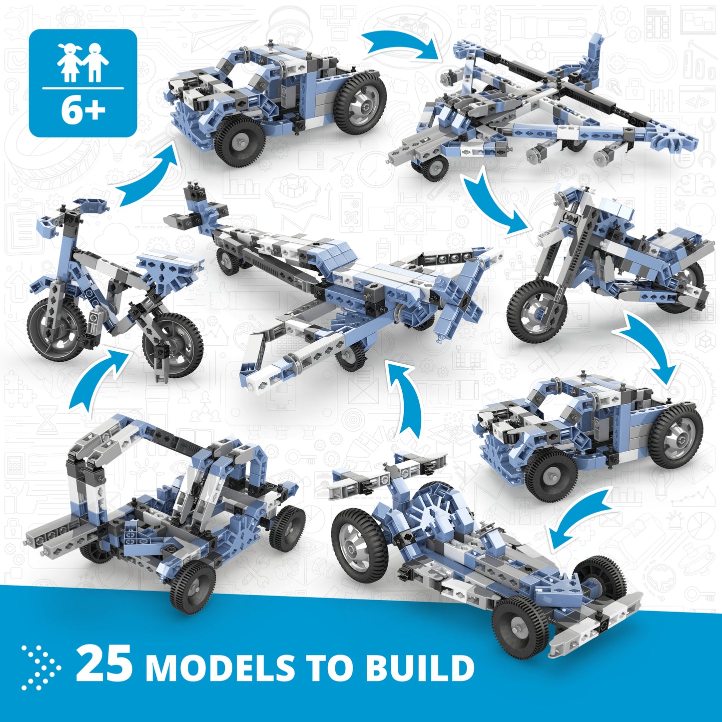 Engino Creative Builder 25-in-1 blue and white construction vehicle set with multiple models