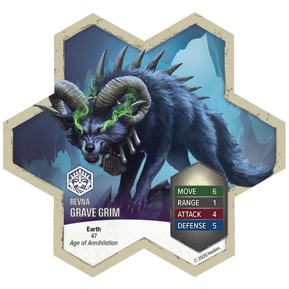 Heroscape Grave Grim miniature figure with horns and spikes, blue and black coloring, game stats displayed