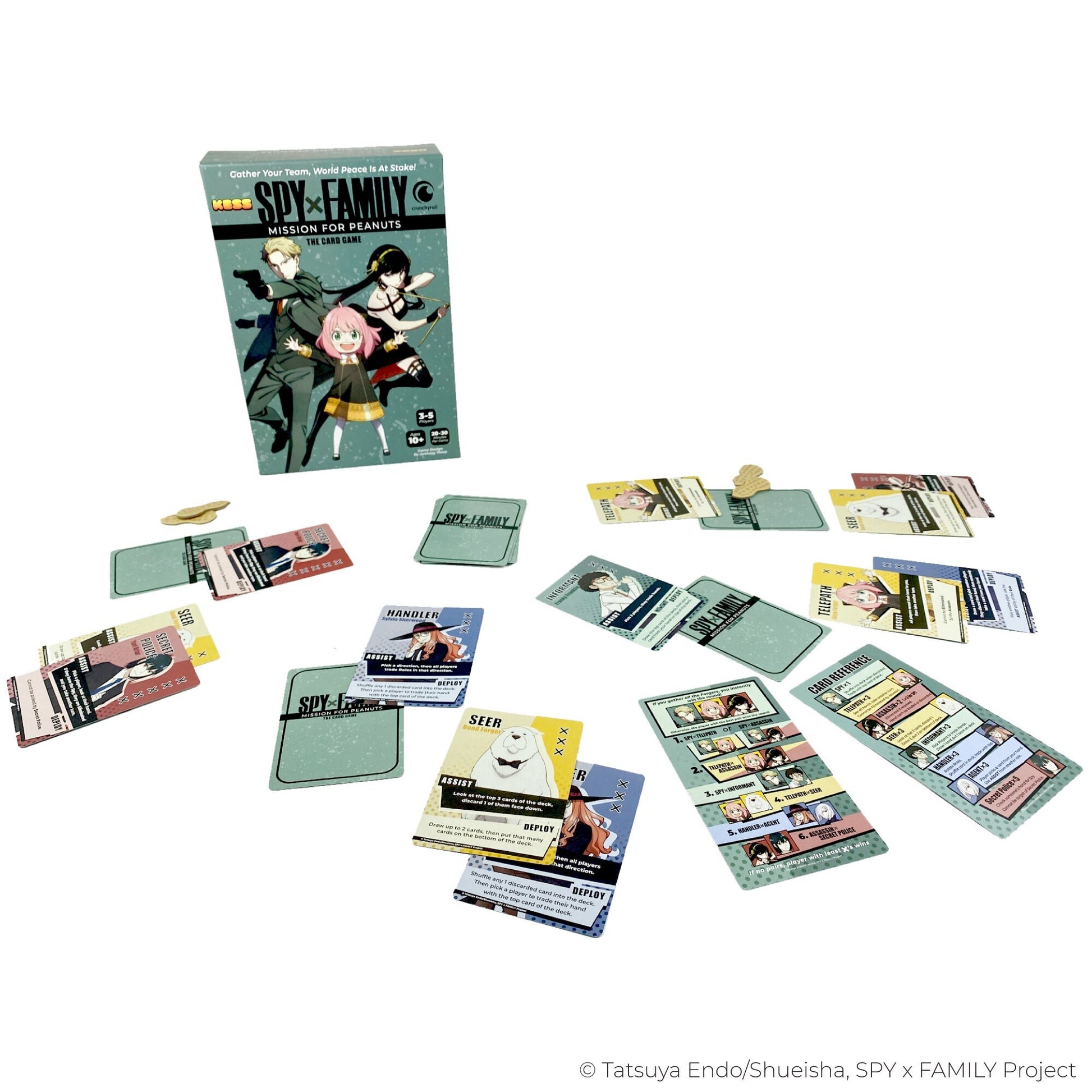 Spy x Family Mission for Peanuts card game box and components including character cards, mission cards, and player bo...
