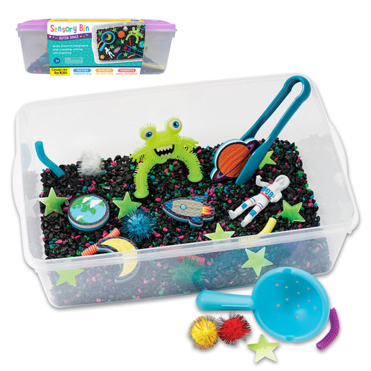 Creativity for Kids Sensory Bin Outer Space set with purple storage container, black kinetic sand, lime-green alien toy, planet and star figurines, blue scoop,