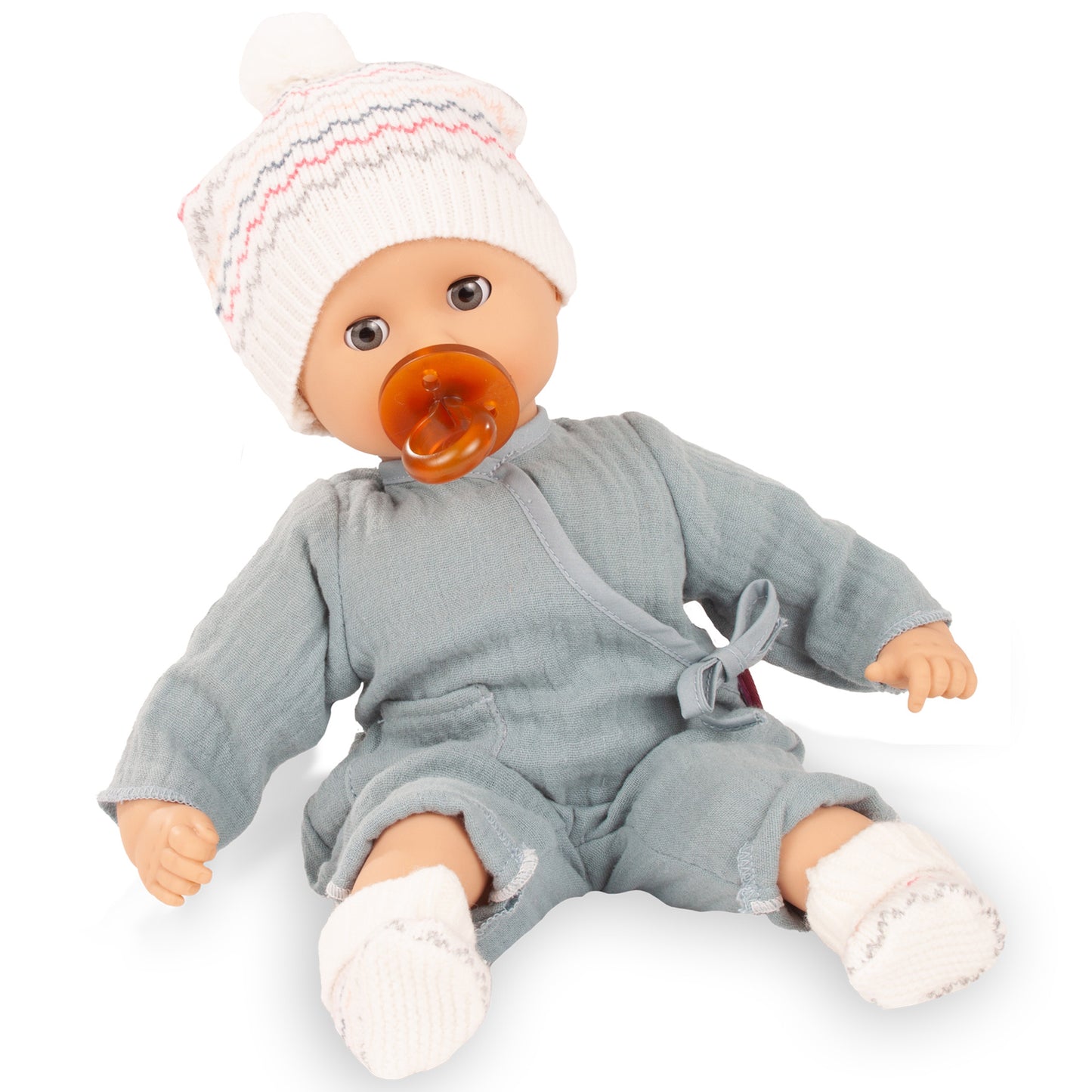 Gotz Muffin Baby Zig Zag 13 inch doll wearing gray romper, white knit hat and socks