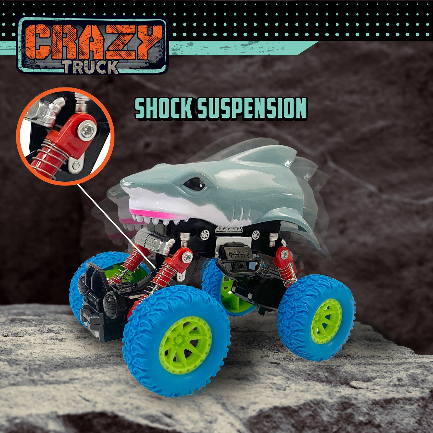 Crazy Truck Big Wheels Shark Truck - 4.5" Friction-Powered Stunt Vehicle for Kids 3+