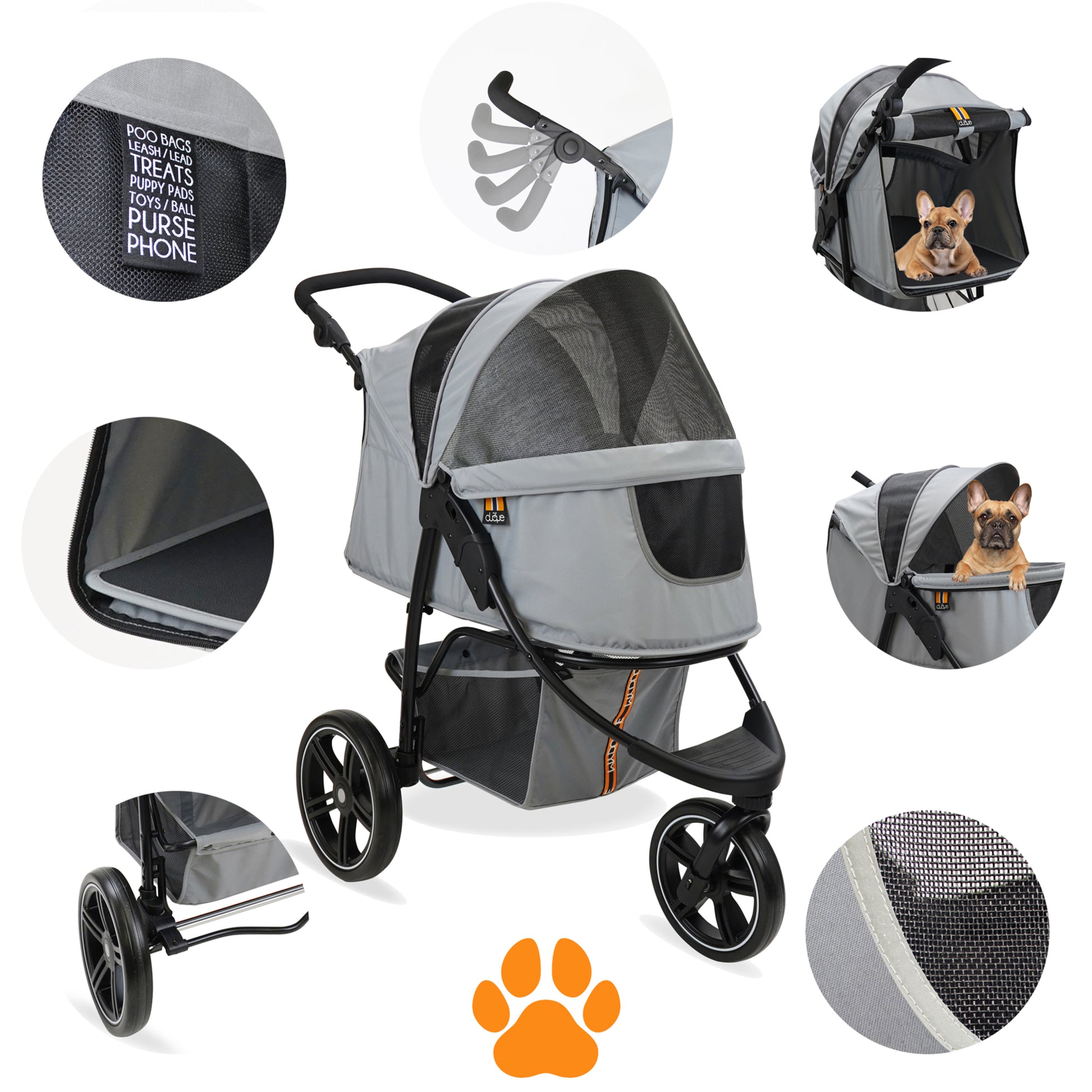 Cooper Pet 3-Wheeler Stroller in grey with mesh windows, storage, and features for dogs up to 33lbs