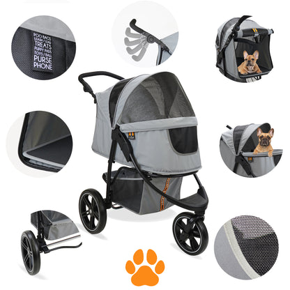 Cooper Pet 3-Wheeler Stroller in grey with mesh windows, storage, and features for dogs up to 33lbs