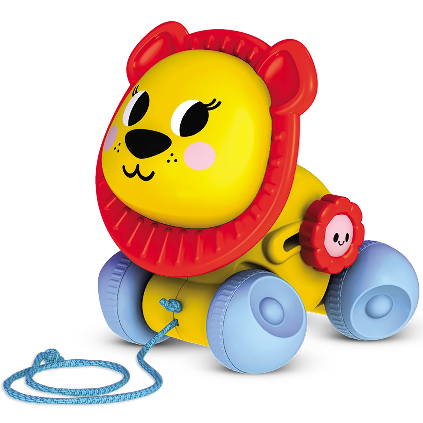 Yellow Push & Pull Lion toy with red mane, blue wheels, and flower rattle