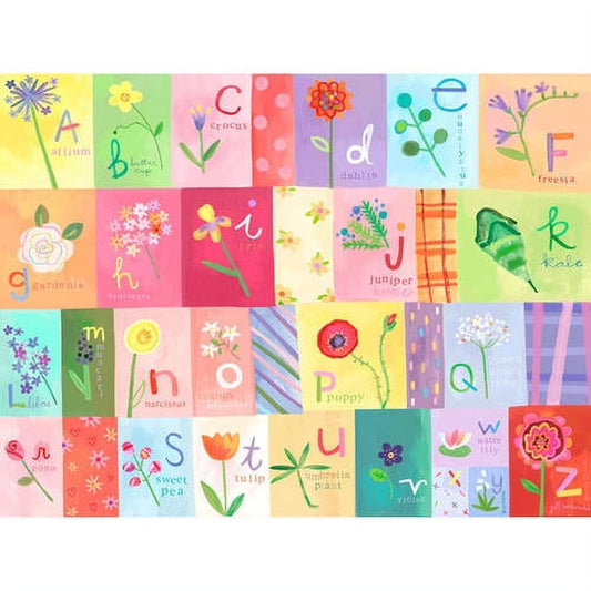 ABC alphabet grid with colorful flower illustrations, each letter paired with a flower name and botanical design on pastel backgrounds