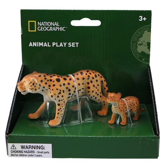 National Geographic Animal Play Set package containing tan leopard with black spots and smaller leopard cub figurine, for ages 3+