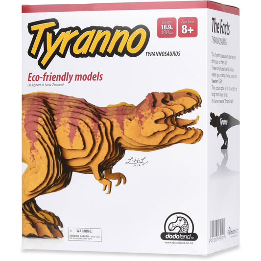 Tyranno Tyrannosaurus eco-friendly 3D model kit box featuring yellow and red dinosaur illustration, age 8+, 18.9 inches long