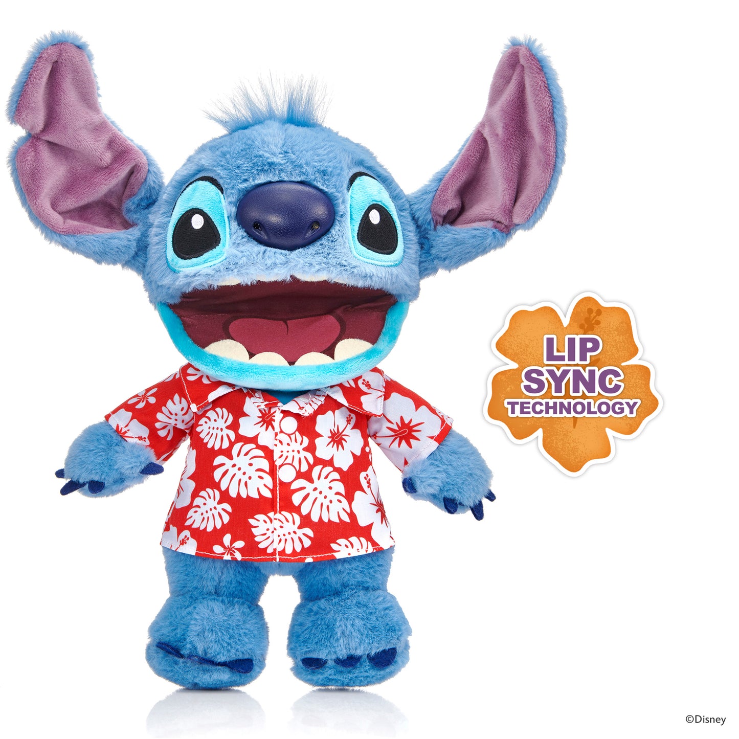 Disney Hawaiian Chatty Stitch Deluxe Puppetronic plush toy with blue fur, pink ears, red floral shirt, and Lip Sync T...