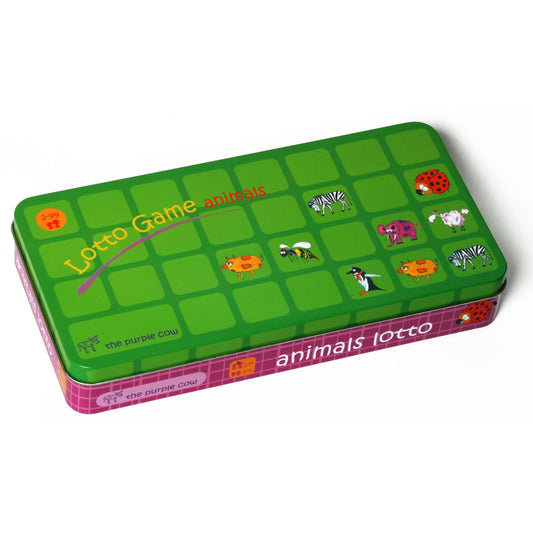 Lotto Game Animals by The Purple Cow in green metal tin with grid of animal matching tiles including ladybug, zebra, sheep, and bee