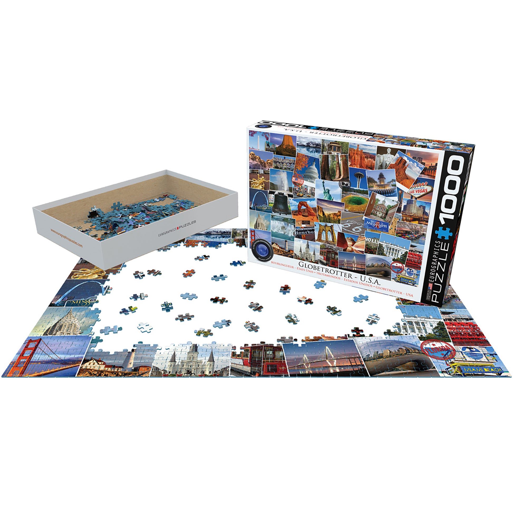 Eurographics Globetrotter USA 1000 piece jigsaw puzzle with travel collage design and storage box