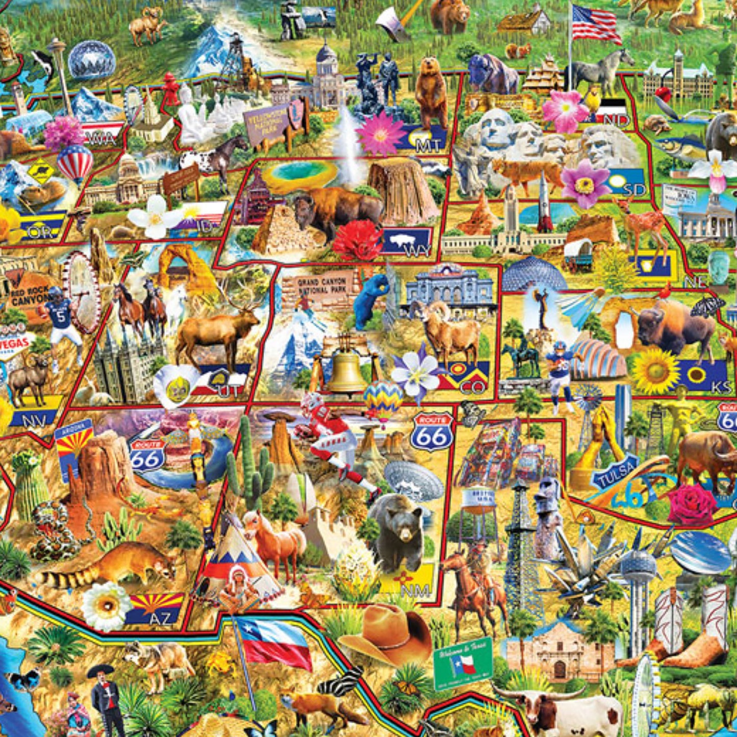 Eurographics US Wonders 2000 piece jigsaw puzzle featuring colorful illustrated USA map with landmarks and wildlife