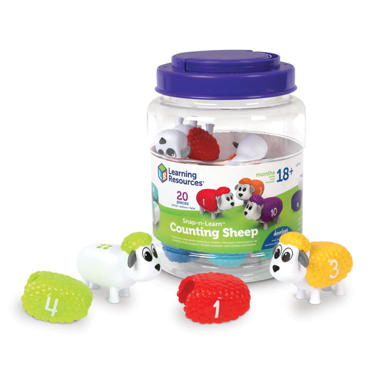 Learning Resources Snap-n-Learn Counting Sheep with purple lid container, colorful numbered sheep toys (1-4 visible), and textured number discs; 20 pieces for a