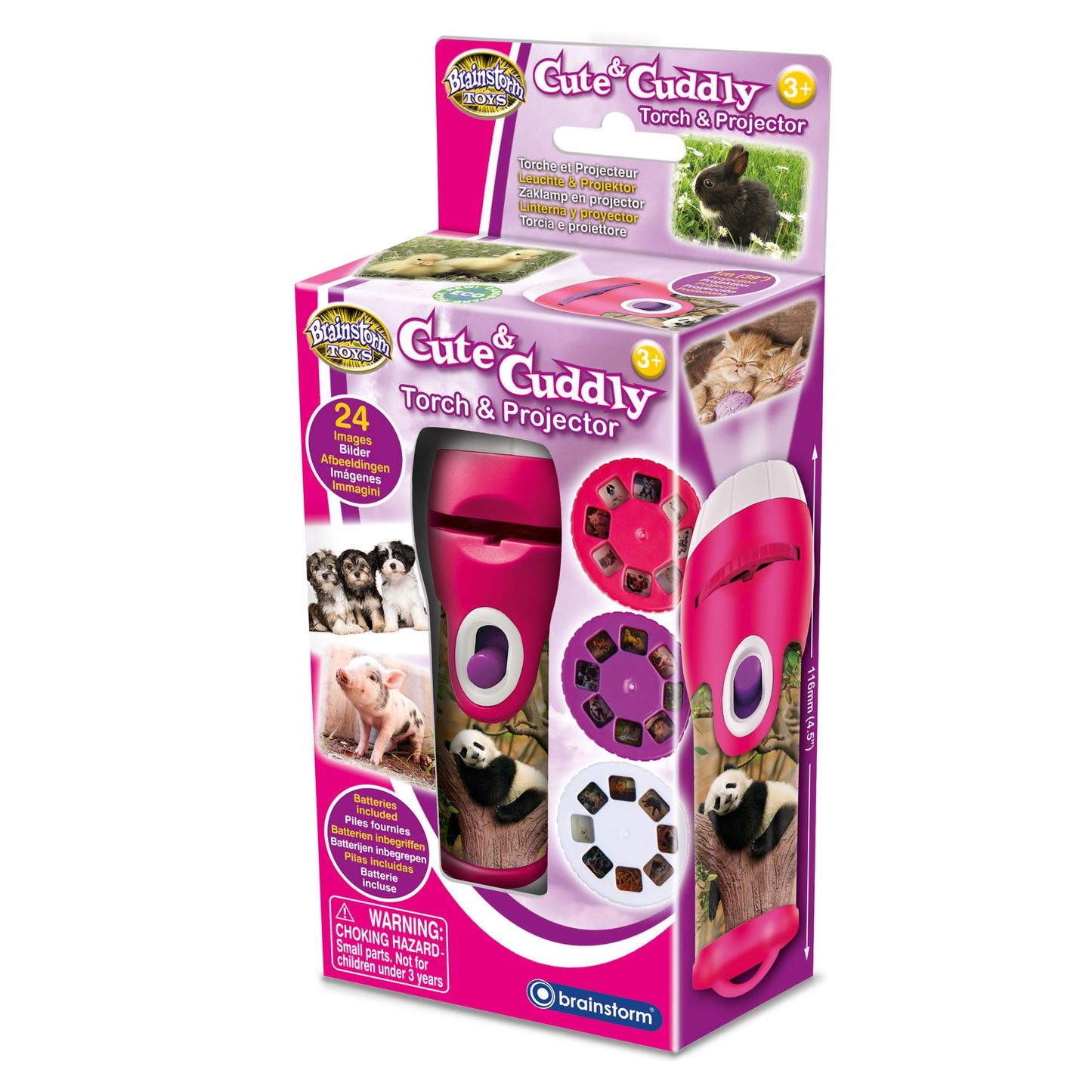 Cute & Cuddly Torch & Projector by Brainstorm Toys in hot pink and purple with animal image discs, displayed in packaging showing torch flashlight and projector