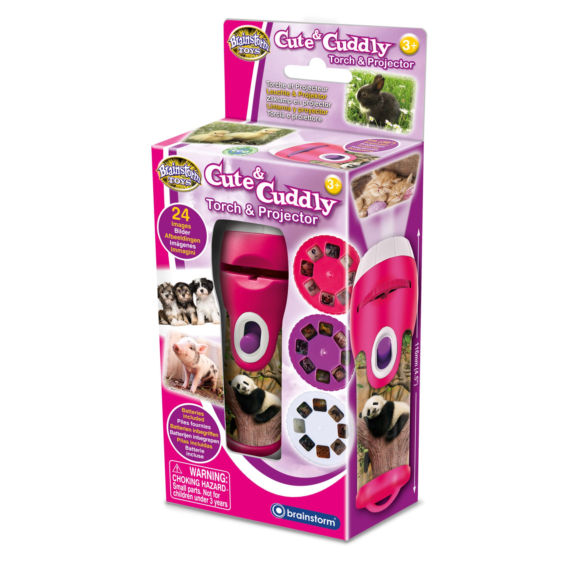 Cute & Cuddly Torch & Projector by Brainstorm Toys in hot pink and purple with animal image discs, displayed in packaging showing torch flashlight and projector