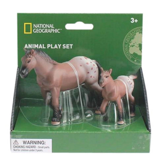 National Geographic Animal Play Set with brown horse and foal figures in clear plastic packaging on green card backing, age 3+