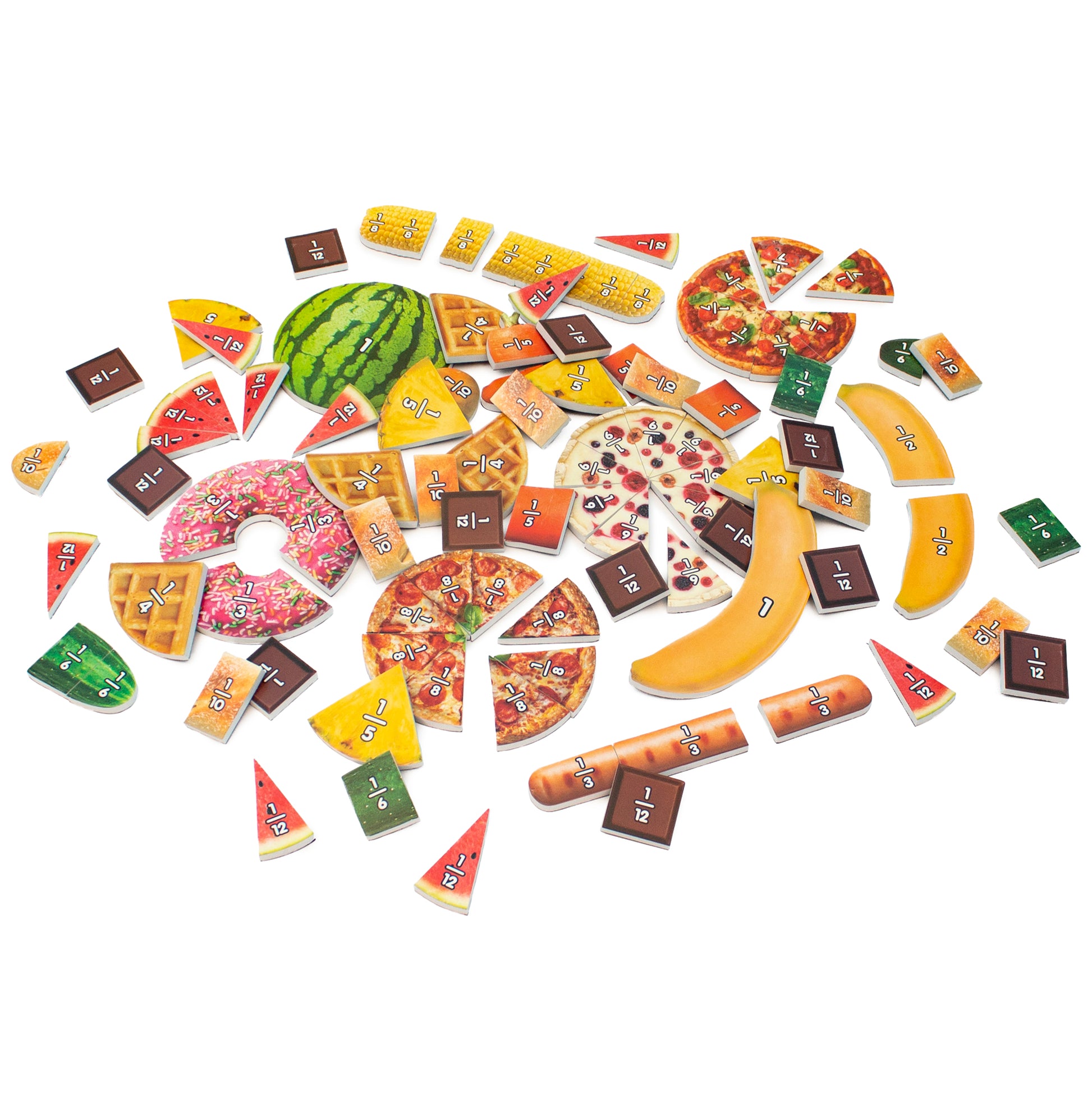 Food Fractions Educational Learning Set with colorful pizza, donut, watermelon and fruit pieces for teaching fractions