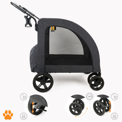 My Duque Chester pet stroller in melange black with 360° rotating wheels and raincover