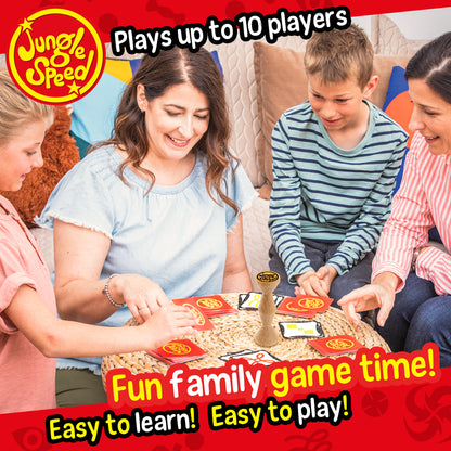 Jungle Speed Eco Edition card game with wooden totem, family playing together