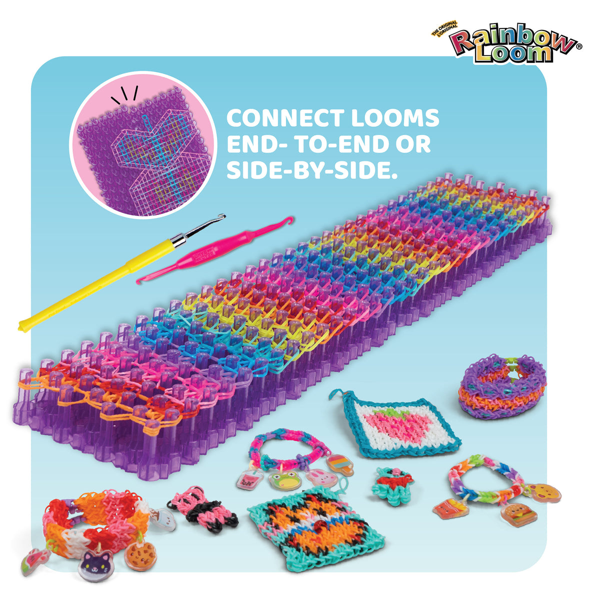 Rainbow Loom Mega Loom Duo with colorful looms, hooks, and finished bracelets in rainbow colors