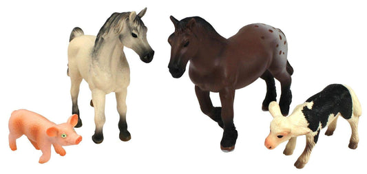 Four farm animal figurines on plain background: pink pig, cream and gray horse, brown horse with spotted rump, and black and white cow