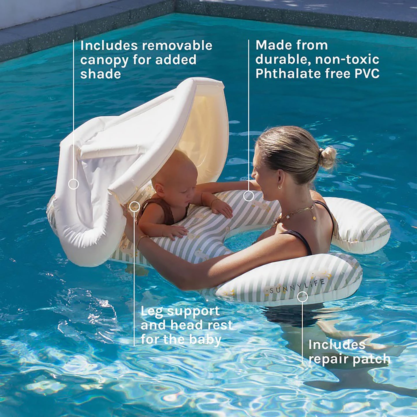 Float Together Baby Seat Into the Garden with removable canopy, striped design in pool