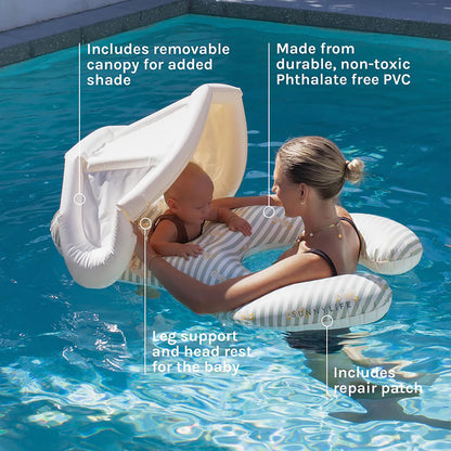 Float Together Baby Seat Into the Garden with removable canopy, striped design in pool