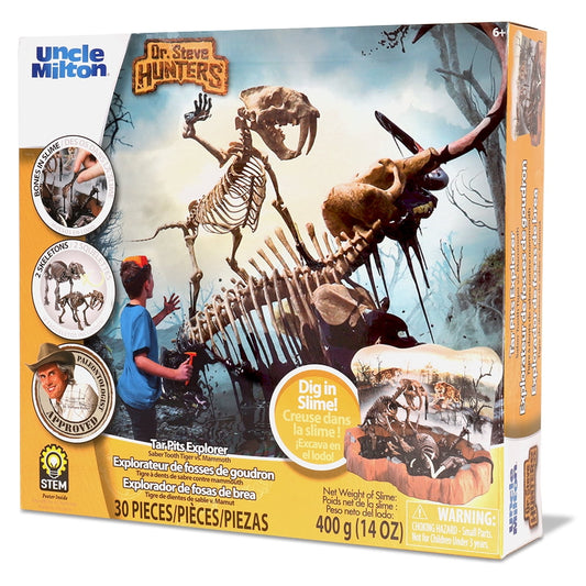 Dr. Steve Hunters Ice Age Explorer Slime Dig Kit box showing a child digging in slime to uncover sabertooth tiger and mammoth skeleton pieces, 30 pieces include