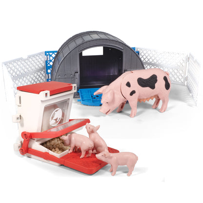 Big Country Toys Pig Hut Adventure 10-piece farm playset with pink pigs, red feeder, and barn