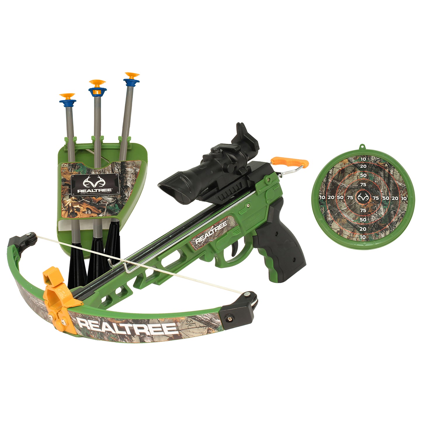RealTree Toy Crossbow Set green with suction arrows, target, and LED scope