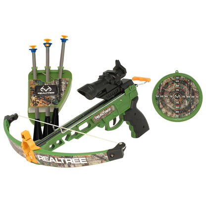 RealTree Toy Crossbow Set green with suction arrows, target, and LED scope