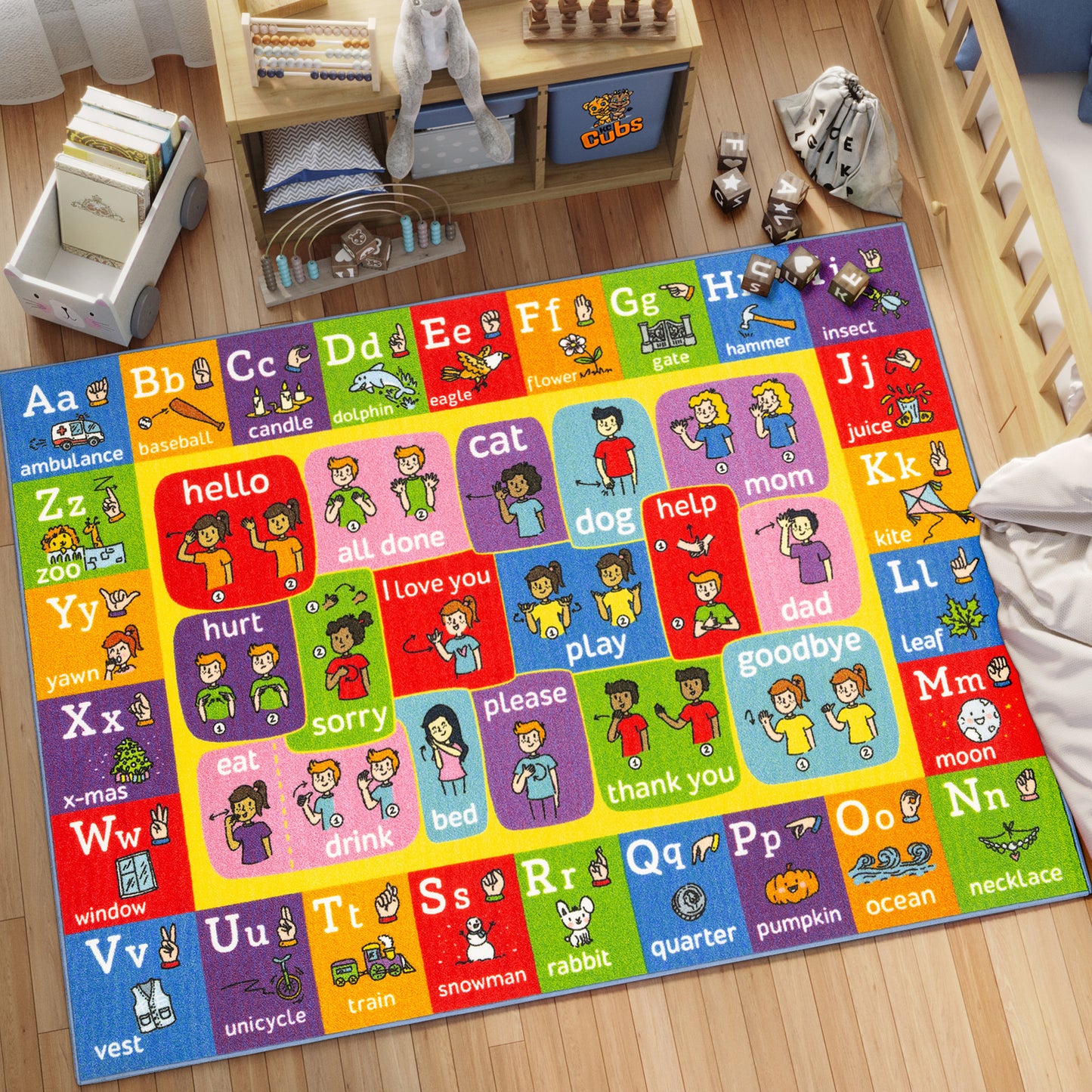 KC Cubs Educational ABC Alphabet ASL Sign Language Rug, colorful 3x5' playmat with letters and interactive learning a...
