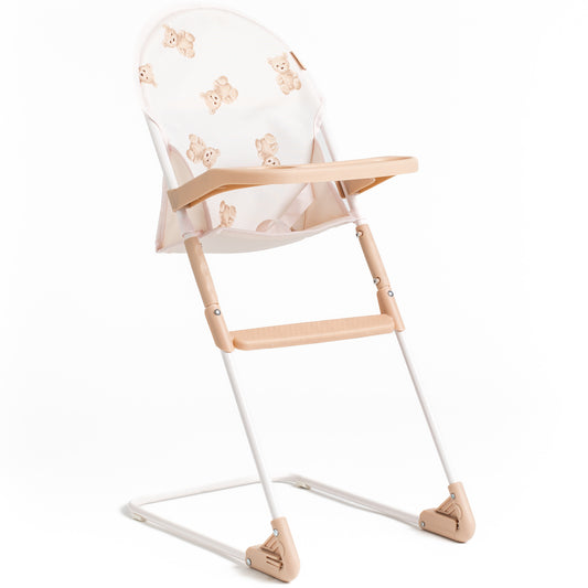 Roma Teddy High Chair with beige teddy bear pattern and wooden tray