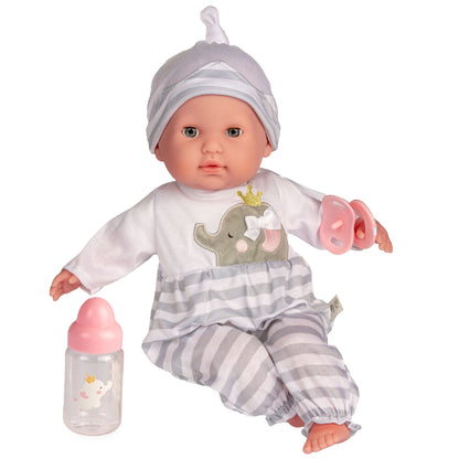 JC Toys Nonis Boutique 15" grey baby doll with bottle and pacifier included