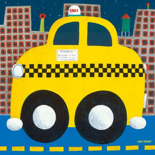 Vibrant illustration of a yellow taxi cab with black and white checkered stripe, large black wheels, and cityscape with brick buildings in background