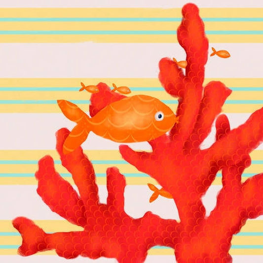 Illustrated canvas art with yellow and blue striped background, red coral formations, orange fish, and small orange fish swimming among the coral