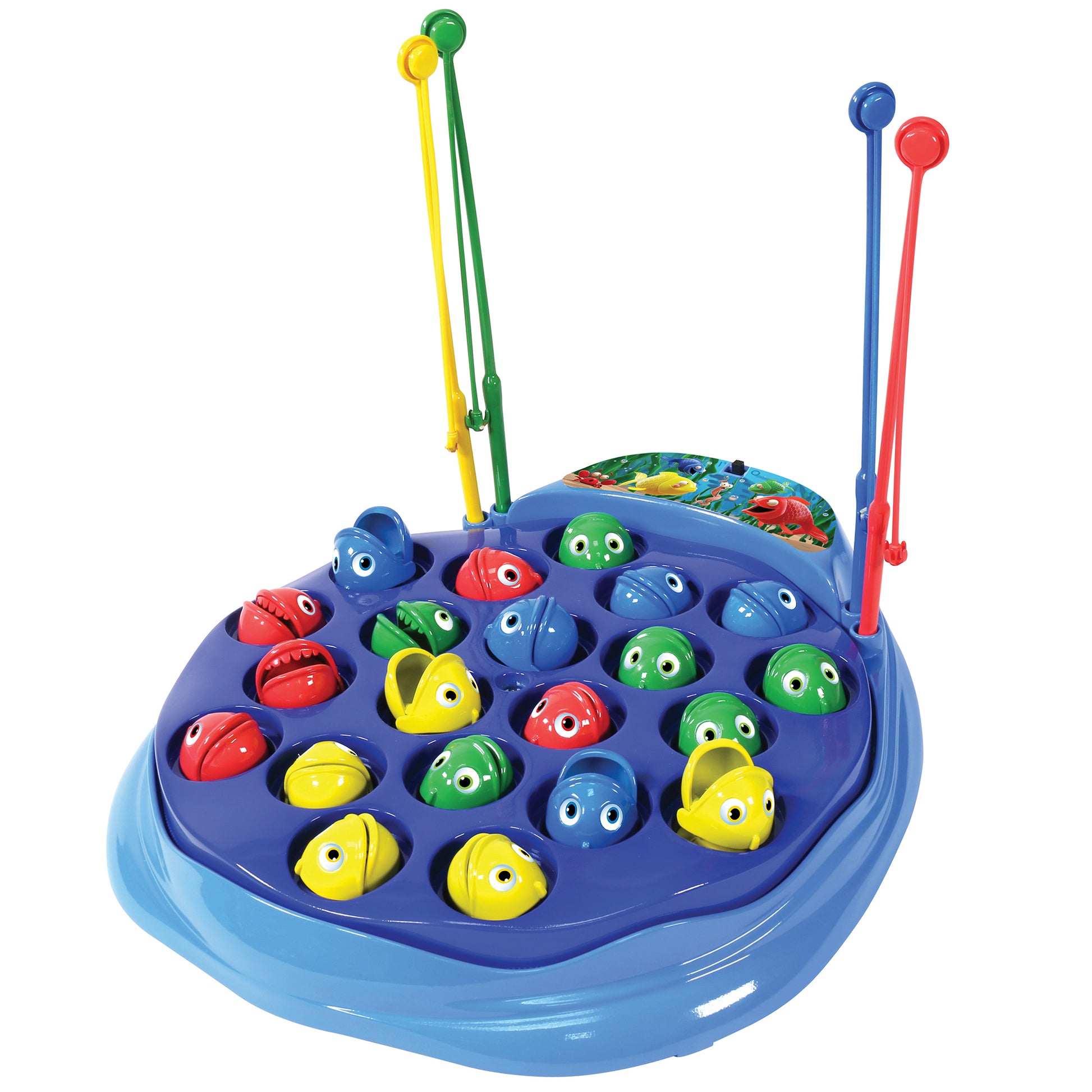 Ambassador Games Fishing Game with colorful spinning fish, magnetic rods, and blue base for kids ages 3+